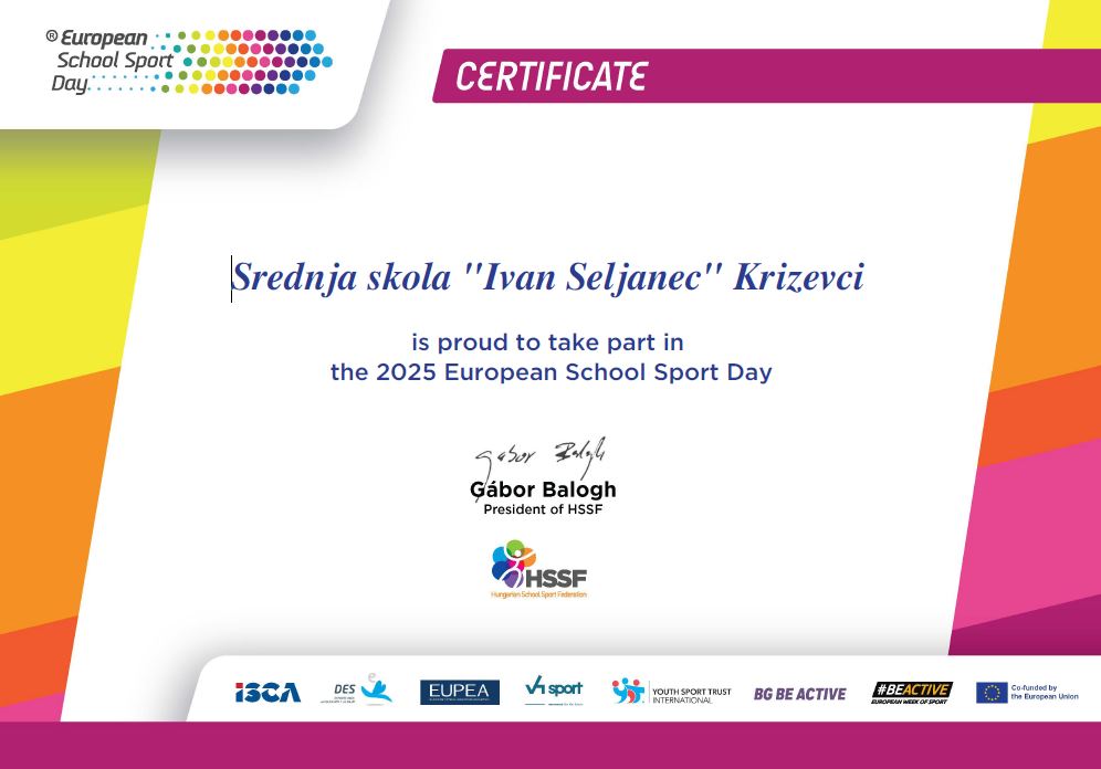 certifikaz za sudjelovanje u Europskom školskom sportskom danu